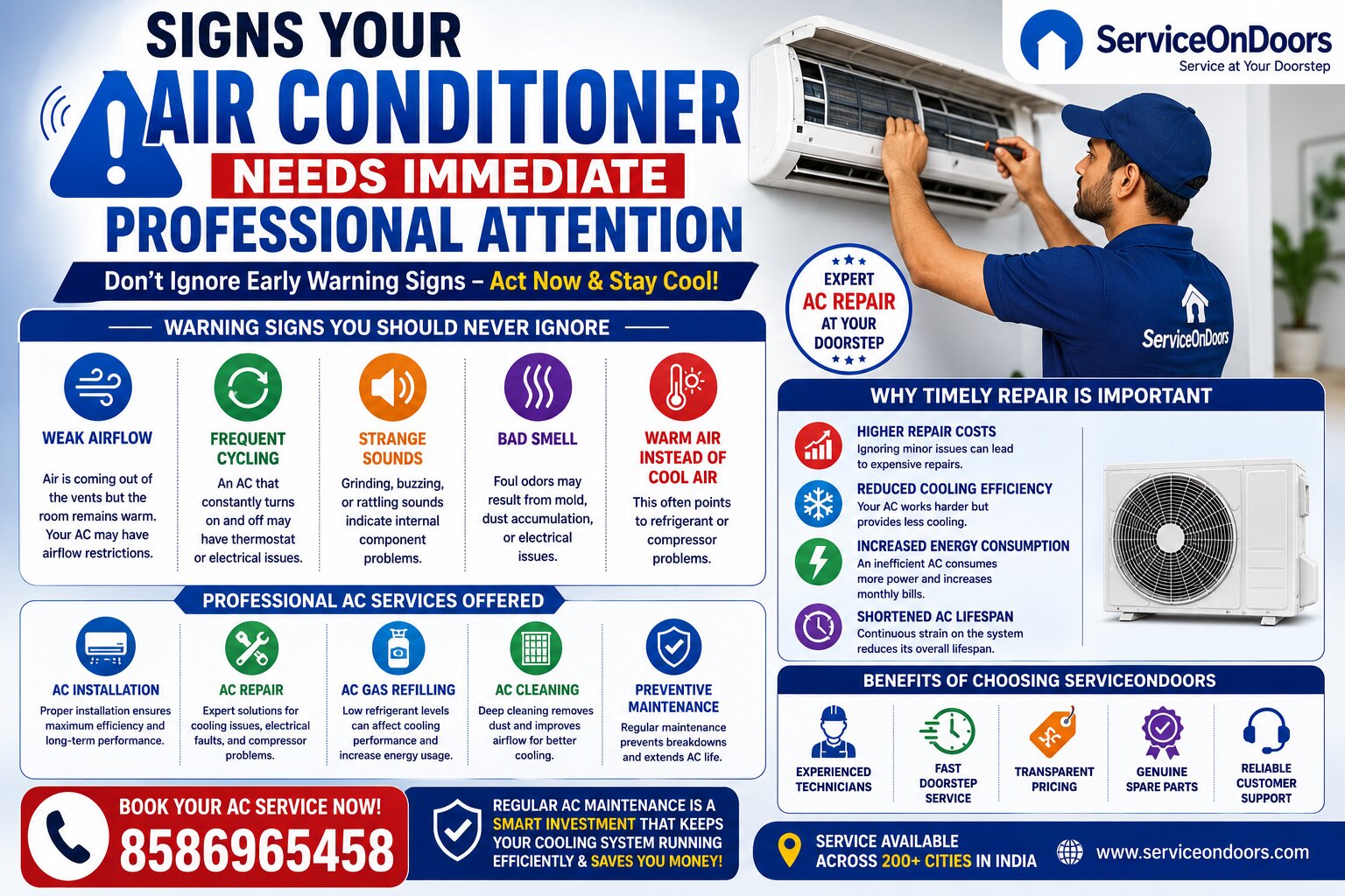 Signs Your Air Conditioner Needs Immediate Professional Attention | Expert AC Repair India | ServiceOnDoors | 8586965458